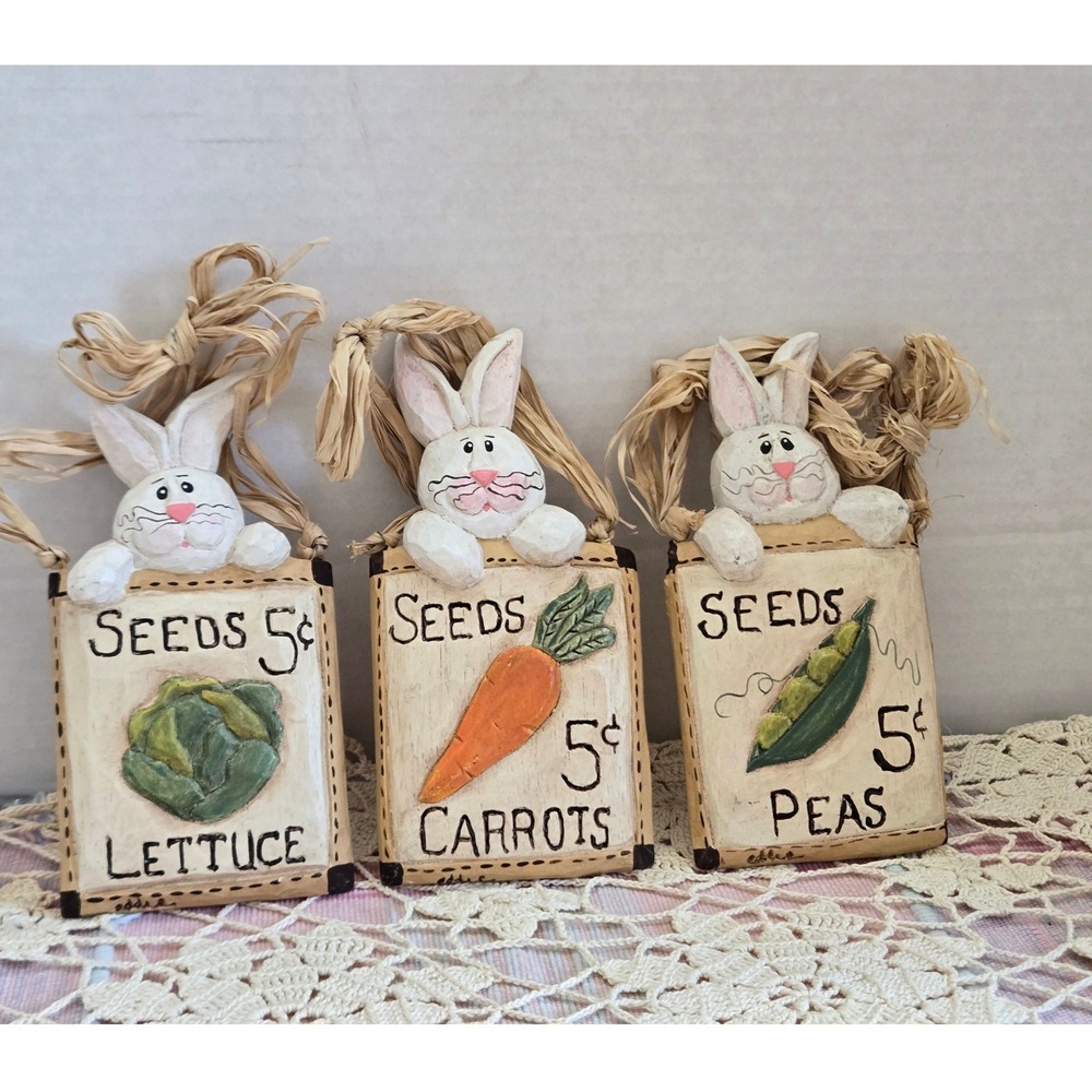 Easter Bunny Seed Packet Ornaments Hanging Set‎ 3 Raffia Bow Resin Rustic